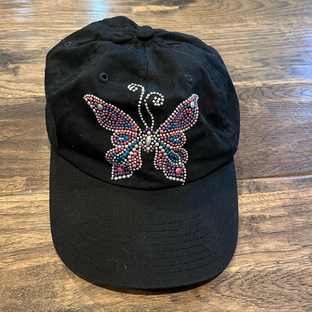 NWOT Black Y2K Pink Blue Purple White Rhinestone Butterfly Baseball Cap